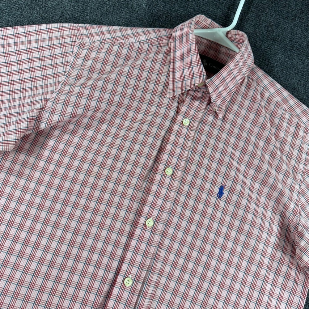 Ralph Lauren Button Down Shirt Mens 14-14 1/2 Red Pink Plaid Short Sleeve Pony